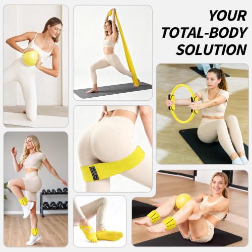 NANATI Pilates Kit, Home Pilates Workout Kit for Women, Pilates Equipment with 14.5"" Pilates Ring and Ball, Resistance Bands, Ankle Weights, Sliders & Grip Socks for Home Workouts - color: Lemon Yellow