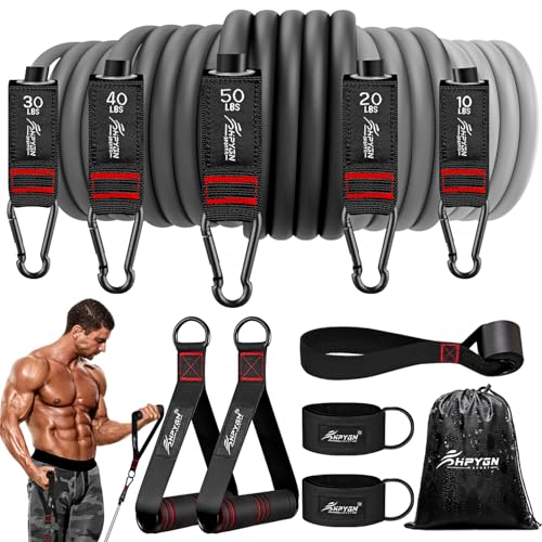 HPYGN Resistance Bands, Exercise Bands with Handles, Fitness Bands, Workout Bands with Door Anchor and Ankle Straps, for Heavy Resistance Training, Physical Therapy, Shape Body, Yoga, Home Workout Set - color: grey, style: 100LBS