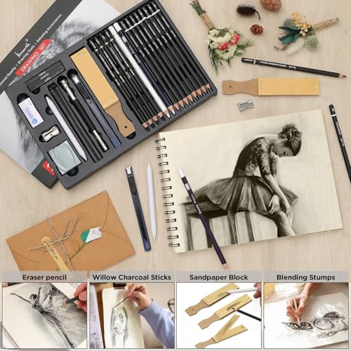 Brusarth Charcoal Pencils for Drawing, Graphite Pencils (10B-2H), 26 Pcs | Drawing Sketching Pencil Set for Sketching, Shading, Blending, Artist Pencils for Beginners & Pro Artists