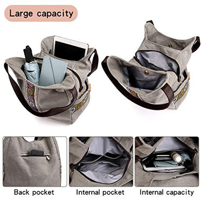 Worldlyda Women Canvas Hobo Purse Multi Pocket Tote Shopper Shoulder Bag Casual Top Handle handbag with Embroidery Ethnic - color: Brown 3