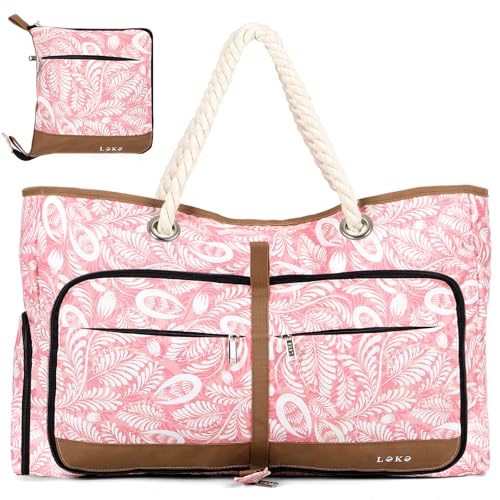 Beach Bag for Women - 35L Large Tote Bag, Waterproof & Sandproof, Zippered Carry On Bag for Pool, Beach & Travel - color: Pink