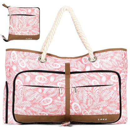 Beach Bag for Women - 35L Large Tote Bag, Waterproof & Sandproof, Zippered Carry On Bag for Pool, Beach & Travel - color: Pink