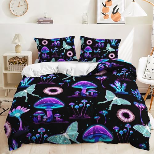AILONEN Purple Blue Mushroom Duvet Cover Set King Size, Botanical Plant Fungus Moth Butterfly Comforter Cover Set, Soft Black Gradient Quilt Cover 3Pc Set, 1 Duvet Cover + 2 Pillowcases - color: Mushroom105, size: King
