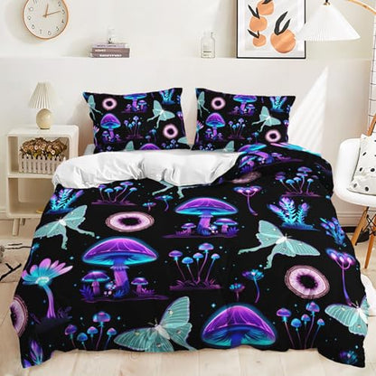AILONEN Purple Blue Mushroom Duvet Cover Set King Size, Botanical Plant Fungus Moth Butterfly Comforter Cover Set, Soft Black Gradient Quilt Cover 3Pc Set, 1 Duvet Cover + 2 Pillowcases - color: Mushroom105, size: King