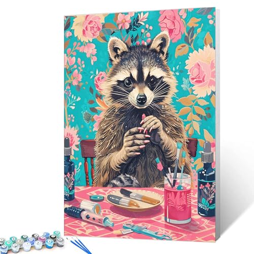 Racoon Make Up Paint by Number for Adults Beginner Students Bohemia Floral Print Paint by Numbers Jungle Animal Manicure DIY Acrylic Painting Pink Canvas Living Room 16x20 Inches（Without Frame ） - color: Artwork-12, size: 16''x20''(Without Frame)