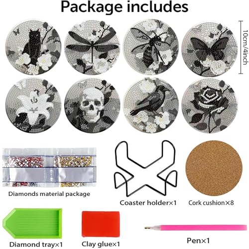 Clendo 8 Pcs Gothic Diamond Art Coasters Kit - DIY 5D Small Diamond Painting Coasters with Holder, Mini Diamonds Arts Kits for Adults Coaster, Gem Art Arts and Crafts for Adults - color: Jxbd134-us