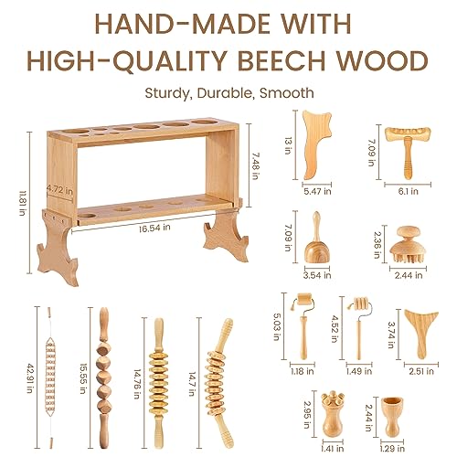 Meifuly 13 in 1 Wood Therapy Massage Tools with Luxury Storage Shelf, Complete Maderotherapia Wooden Massager Kit for Body Shaping, Lymphatic Drainage, Muscle Pain Relief, Anti-Cellulite