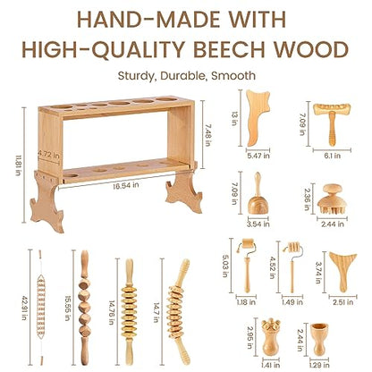 Meifuly 13 in 1 Wood Therapy Massage Tools with Luxury Storage Shelf, Complete Maderotherapia Wooden Massager Kit for Body Shaping, Lymphatic Drainage, Muscle Pain Relief, Anti-Cellulite