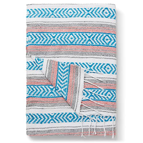 Gray, Teal and Pink Mexican Blanket by Laguna Beach Textile Co - Beach, Yoga, Camping, or Decorative Throw Blanket - Traditional Handmade Serape - Gray Blush - color: Gray Blush