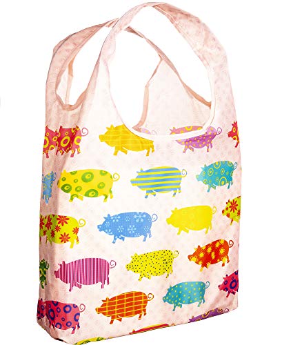 O-WITZ Reusable Grocery Bags | Vibrant Tote Bag For Groceries, Gym, Office, Beach Gear, Toys & More | Washable Design With Large Handles For Maximum Convenience | Folds Into A Small Pouch, Pig - color: Pig