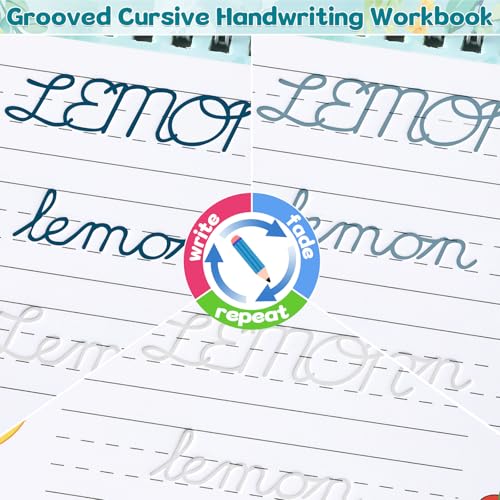 chiazllta Grooved Cursive Handwriting Workbook with Disappearing Ink Pens Magic Reusable Grooved Cursive Writing Practice for Beginners Kids Kickoff Student Workbook Homeschooling Supplies (Words) - style: Words