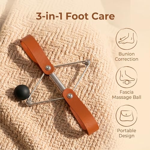 Pilates Toe Corrector with Yoga Ball, Premium Eco-Friendly Leather Toe Gizmo for Foot Pilates & Bunion Relief, Big Toe Alignment Stretcher Exercise Band for Women Men, Brown