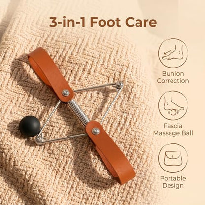 Pilates Toe Corrector with Yoga Ball, Premium Eco-Friendly Leather Toe Gizmo for Foot Pilates & Bunion Relief, Big Toe Alignment Stretcher Exercise Band for Women Men, Brown