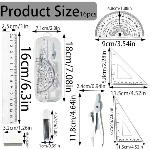 2Packs Maths Set, 7Pcs Protractor and Compass Set Geometry Sets for Secondary School Stationery Supplies - Math Ruler Compasses Geometry Sets Case for Student Secondary Stationary Supplies
