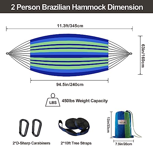 Brazilian Double Hammock with Tree Straps, Extra Large, 450 lbs Capacity - color: Blue Green Stripe, size: X-Large