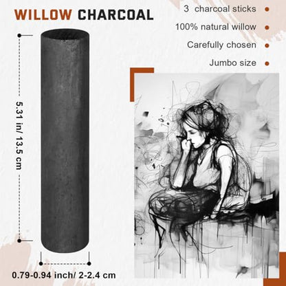 Gueevin 10 Pcs Jumbo Willow Charcoal Sticks 0.79-0.94 Inch Large Soft Willow Charcoal Chunky Drawing for Sketching Artist Back to School Supplies, Black