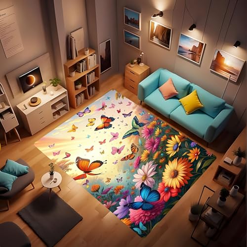 LUCKY&DONG Area Rug Fantasy Mysterious Cartoon Realistic Colorful Butterfly Watercolor Rugs, Soft and Comfortable Flannel Fabric, Living Room, Dining Room, Bedroom Home Decoration 2'x3' - color: Butterfly 6, size: 2'x3'