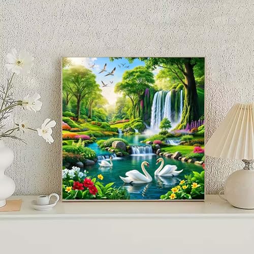 Waterfall Diamond Art Kits for Adults,5D Round Drill Diamond Painting Kits,DIY Swan Diamond Painting Kits for Gem Art,Forest Paint by Diamonds Dot Art Crafts for Home Wall Decor 13.7 X 13.7Inch - color: GM8848
