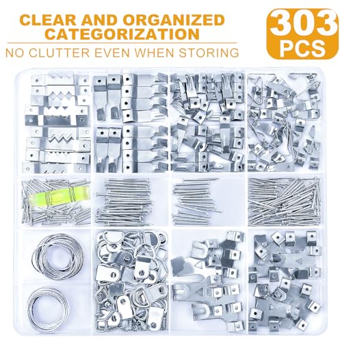 303Pcs Picture Hanging Kit, Picture Hangers Assorted Kit with Heavy Duty Wall Hooks, Sawtooth, Picture Wire, D Rings, Hardware Nails, Eye Hooks, Silver Heavy Duty Frame Hooks - size: Silver