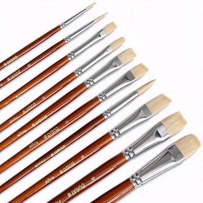 Short Handle Artist Paint Brush Set, 10-Piece Hog Hair Bristle | Strong Paint Pickup for Acrylic & Oil Painting, Comfortable Wood Handle, Kids & Adults - color: Brown