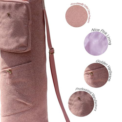 ESVAN Yoga Mat Bag with Multi Pockets Drawstring Yoga Mat Carrier Pilates Exercise Multi-Functional Storage Bag - color: Linen Pink
