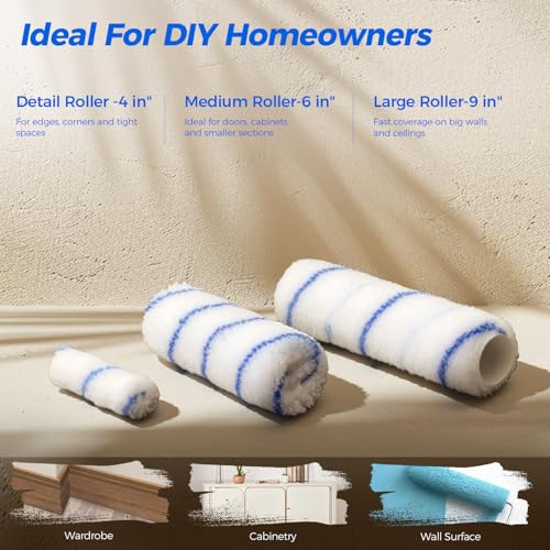 Paint Roller Kit with 3.93Ft Extension Pole for Walls and Ceilings, 30Pcs House Painting Supplies Set with 9”, 6” & 4” Microfiber Rollers,Paint Tray,Liners,Brushes and Gloves for Home Renovation