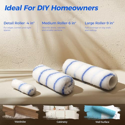 Paint Roller Kit with 3.93Ft Extension Pole for Walls and Ceilings, 30Pcs House Painting Supplies Set with 9”, 6” & 4” Microfiber Rollers,Paint Tray,Liners,Brushes and Gloves for Home Renovation