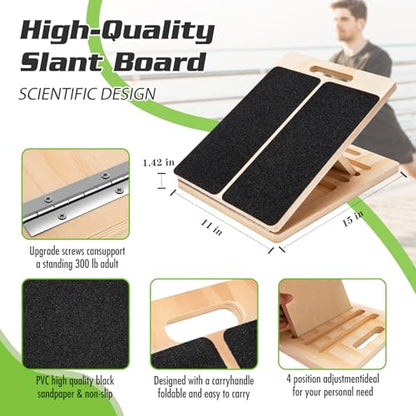Adjustable Slant Board for Calf Stretching - Portable Wooden Incline Board for Physical Therapy, Squats & Pilates - Calf Stretcher for Ankle, Heel & Leg Support
