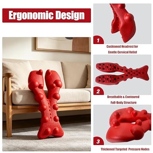 Neck and Shoulder Relaxer, Cervical Traction Device for Neck Support and Posture Alignment, Neck Stretcher Pillow with Acupressure Points (Red)