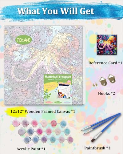 TOCARE Framed Paint by Numbers Kit for Adults Beginners & Kids Ages 8-12,12x12inch Octopus Paint by Number with Frame, Seascape Paint by Numbers Framed Canvas for Amimal Lover(Without Easel) - color: TC-F-293