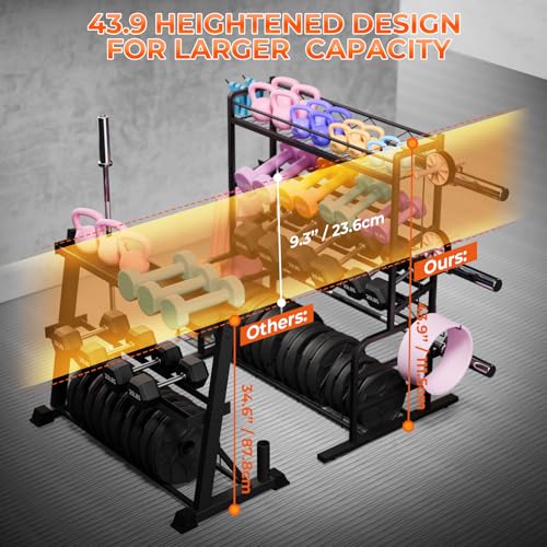 Upgraded XL Adjustable Weight Rack for Dumbbells - Barbell Holder Bumper Plate Storage Rack with 3 Olympic Bar Racks, Dumbbell Rack Weight Stand,Home Gym Storage Rack for kettlebells,Yoga Mat