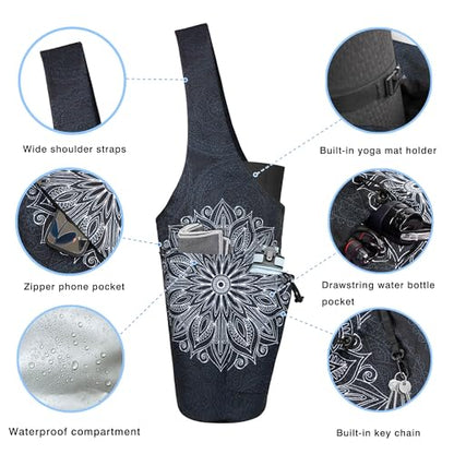 Yoga Mat Bag - Large Opening Long Tote Yoga Mat Carrier Holder Bag with Waterproof Wet Zipper Pocket and Drawstring Water Bottle Pocket - Yoga Bag Fit Most Size Mats - color: Mandala