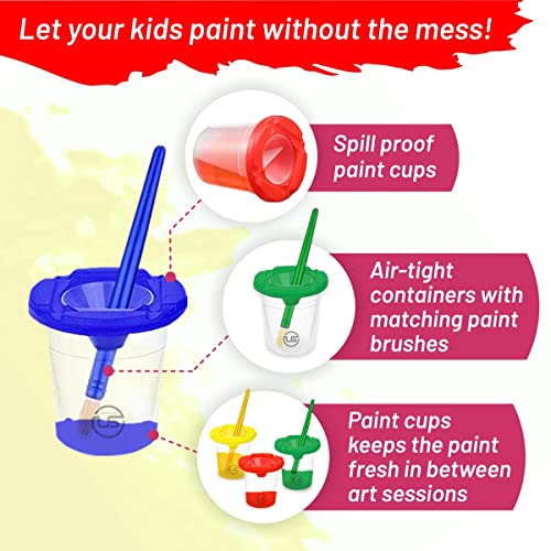 Kids Painting Set, 10 Count Washable Finger Paints for Toddlers Gift Bundle | Includes 10 Tempera Paints (2 oz EA), 10 Paint Cups, 10 Brushes, Art Smock Non-Toxic & Mess-Free Art Kit Spill Proof Paint