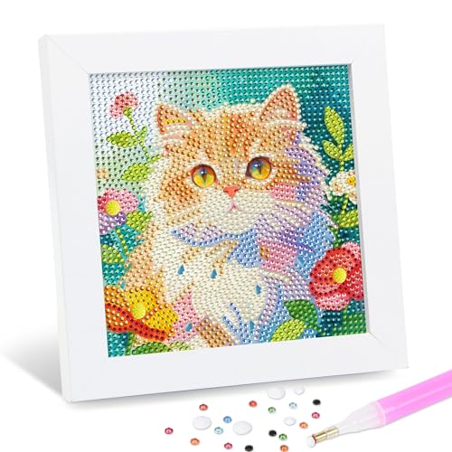 Leixonl Diamond Art Kits for Kids with Framed (7 in) Cartoon Animals DIY Gem Art Painting - Arts & Crafts Gifts for Beginners & Teens (1p-6 in-cat-02) - color: 1p-6 in-cat-02