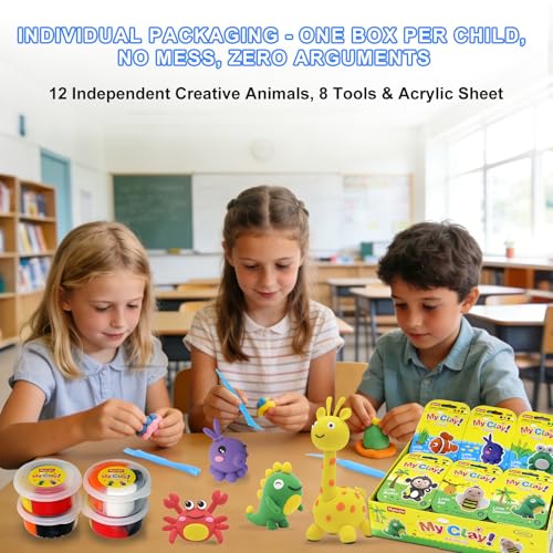 Air Dry Clay Kit for Kids: 12 Animals Clay with Sculpting Tools & Tutorials | Safe Non-Toxic, Easy to Shape, 24H Natural Drying & No Baking, DIY Modeling Craft for Boys Girls in School Class Home Party