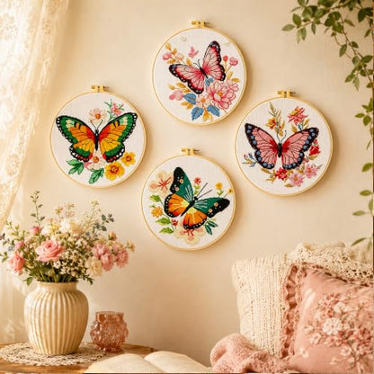 Zhenqing 4 Butterfly Floral Cross Stitch Kit, 11CT Printed Fabric with Hoop | 4 butterfly floral designs with 11CT printed fabric, floss, one hoop, tools and English guides. - color: 4 Butterfly Kit