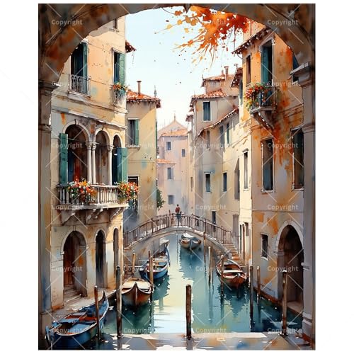 Autumn European Architecture Paint by Numbers Kit for Adults - DIY Venice Canal Painting on Canvas 8x12In, Framed Acrylic Paint Set for Beginners, Artistic Wall Art for Home Decoration or Gifts - color: FM03804, size: 8×12in Framed