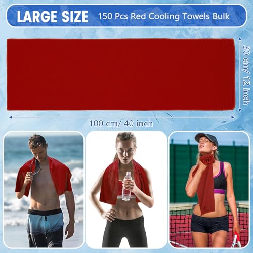 Hosuly 150 Pack Cooling Towels Bulk 40 x 12 Inch Large Chilly Breathable Sweat Sports Cold Towels Sublimation Microfiber Ice Neck Rag for Hot Weather Workout Gym Team Gift (Red) - color: Red