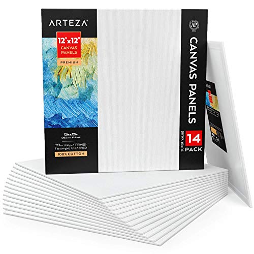 Arteza Canvas Boards for Painting, Pack of 14, 12 x 12 Inches, Square Blank Canvas Panels, 100% Cotton, 12.3 oz Gesso-Primed, Art Supplies for Acrylic Pouring and Oil Painting - size: 12"x12"