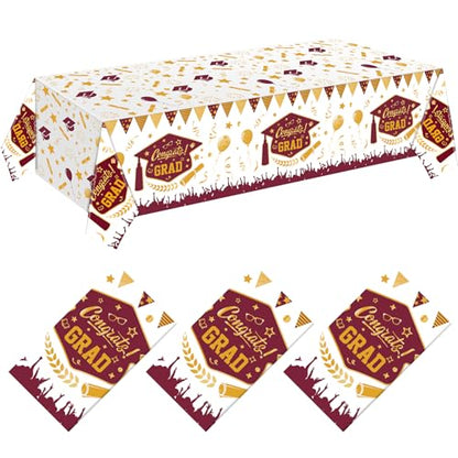Kinlop 3 Pcs Graduation Tablecloths Class of 2026 Graduation Party Decoration Supplies 51" x 108" Plastic Congrats Grad Table Covers Disposable Graduate Tablecloths(Maroon, Gold) - color: Maroon, Gold