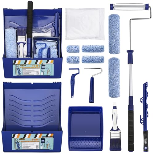 15pcs Paint Roller Kit - 12" Ladder Paint Tray, 9" Extendable Paint Roller (18-36 Inch), 4" 2" Mini Roller Frame with Microfiber Covers, Large Paint Kit for Painting Walls, Ceilings, Floors