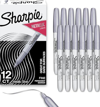 Sharpie Metallic Permanent Markers, Fine Tip, Silver, 12 Count - For Black Paper or Dark Surfaces, Arts & Crafts, Posters, Classroom Supplies