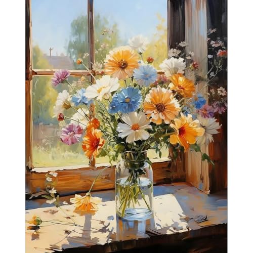 PRASIO Paint by Numbers Kit for Adults Beginner, Flower Easy Adult Paint by Number Kits on Canvas, DIY Acrylic Watercolor Oil Paint by Number for Adults for Home Decor Gift 16x20 Inch - color: XM-OP-WindowsillFlower01-4050