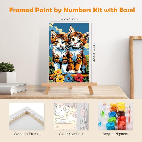 MOGTAA Paint by Numbers Kit for Adults with Frame, Cat Paint by Number Canvas, Flowers Scenery Paint by Numbers with Easel, DIY Animal Oil Painting Kit for Home Wall Decor 8 x 12 Inch - color: Cat