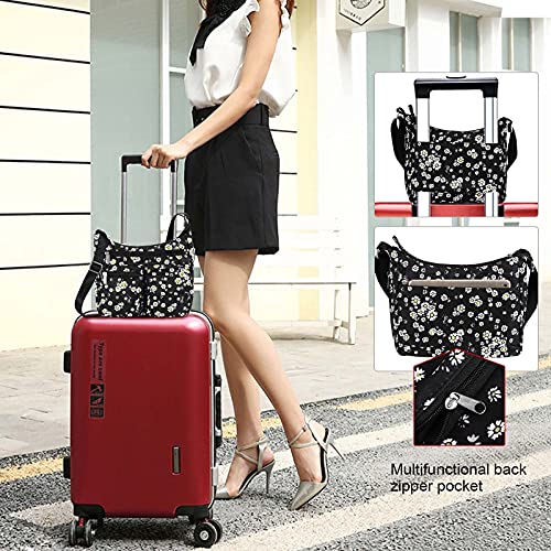 Kamo Crossbody for Women - Multi-pocket Shoulder Lightweight Messenger Casual Printed Purse Handbag Travel Bag - color: Black - Daisy