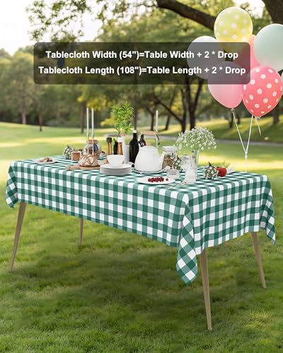 Smiry 8 Packs Gingham Disposable Table Cloth, 54 x 108 Inch Waterproof Plastic Tablecloth, Rectangle Hunter Green and White Checkered Table Covers for Picnic, Birthday, Party - color: Hunter Green and White, size: 54"x108" (Pack of 8)