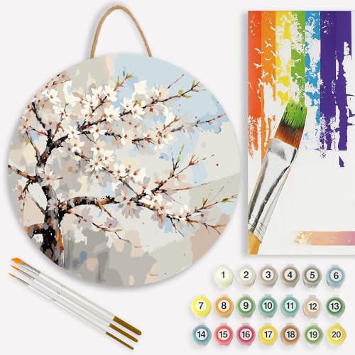 Cherry Blossom Tree Paint by Numbers Kit for Adults on Wood Board – DIY Spring Flowers on Branches Wood Craft Painting Kit, 12 in Round, Acrylic Paint Set, Beginner-Friendly, Relaxing Home Decor Gift - color: FM04701