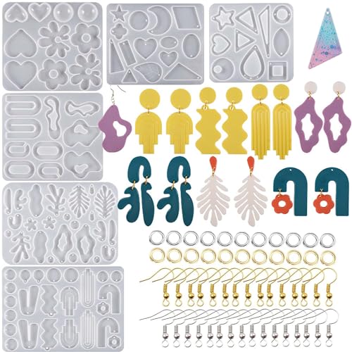 Attuslla 6 PCS Resin Earring Molds Silicone Jewelry Earring Molds Epoxy Resin Molds DIY Craft with Ear Hooks, Jump Rings for DIY Women Earrings, Pendants, Rings, Jewelry Craft Supplies - color: Style B