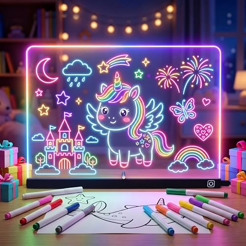 16" LED Drawing Board for Kids, Light Up Glow Doodle Pad with 12 Markers, Tracing Book & Cleaning Cloth, USB-C Acrylic Dry Erase Note Board Toy Gifts for Girls Boys Age 3-12