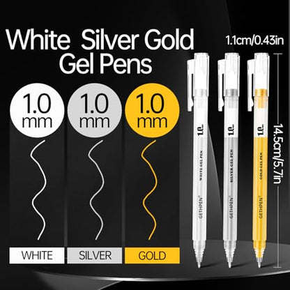 GETHPEN White Gold Silver Gel Pens,1.0mm Fine Opaque Archival Ink, 3 Pack | 3 Colors Gel Pen Set, Metallic Gel Ink Pens for Artists, Black Paper Drawing, Bullet Journaling, Holiday Crafts - size: 1.0 mm, style: 3 Pack White, Gold and Silver